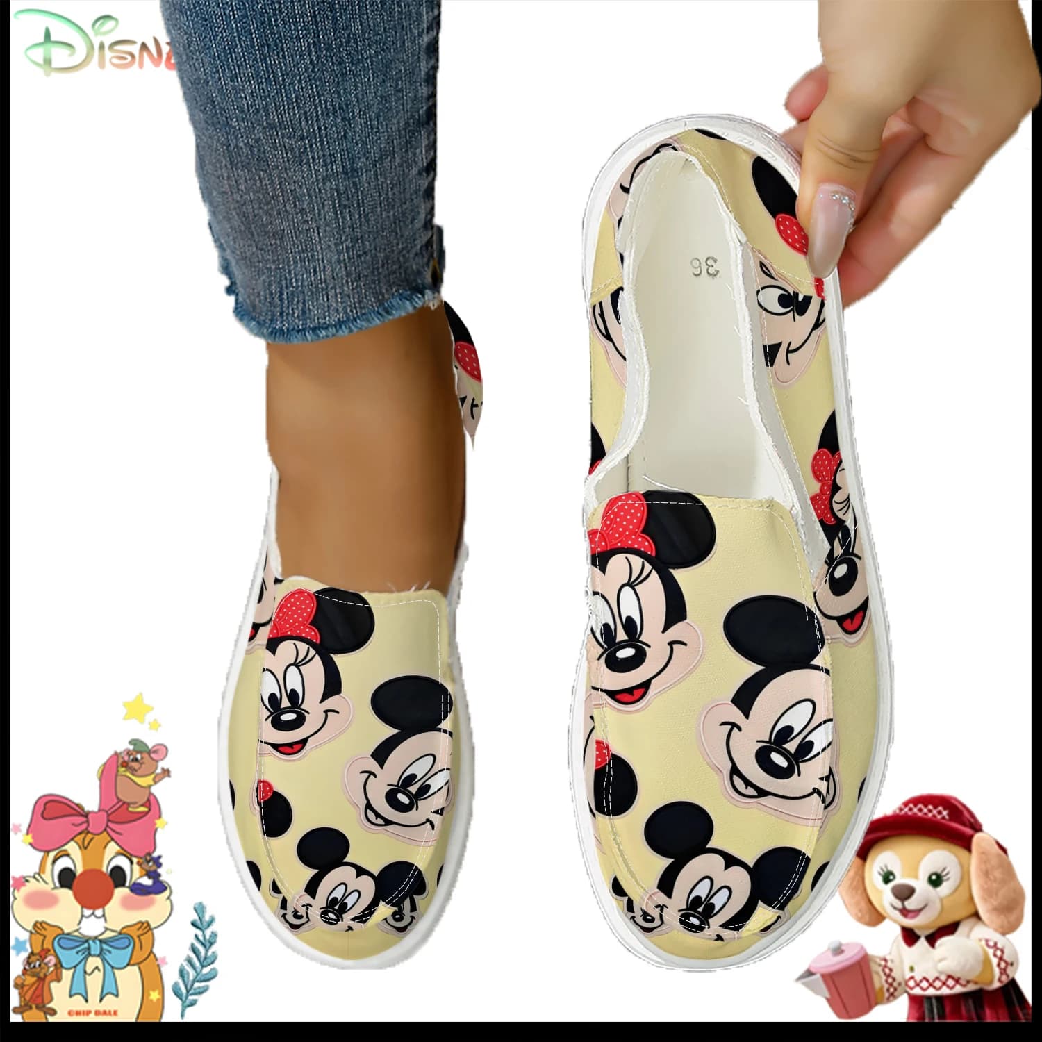 Scarpe slip-on in tela con stampa Disney Minnie e Topolino, graziose sneakers casual da donna con cartoni animati