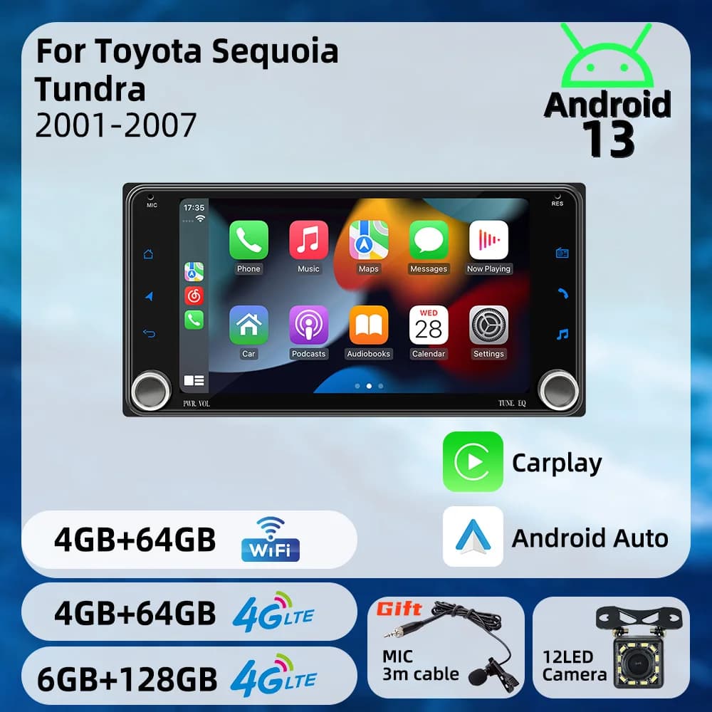 2 Din Head Unit Radio for Toyota Sequoia Tundra 2001-2007 Wireless Carplay Android Auto Android Car Multimedia 7" Screen Stereo