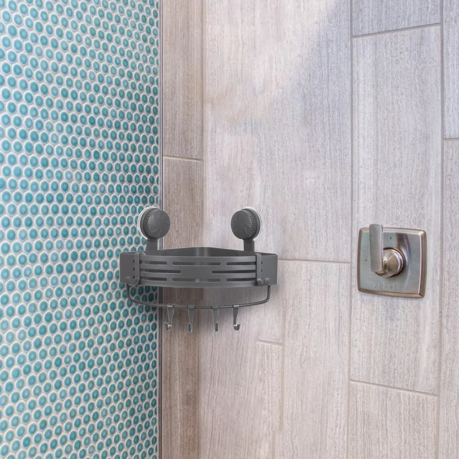 2Pcs Triangle Suction Cup Shower Shelf Corner Storage Rack Bathroom Organizer Basket with Hooks for Shampoo Soap Towels No