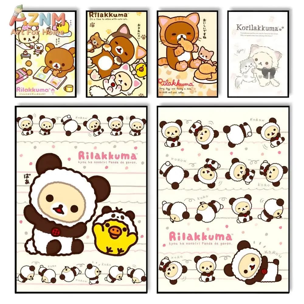 AZNM Rilakkuma Cute Bear Cartoon Canvas Wall Art Panda Korilakkuma Kiiroitori Print Poster Kawaii Room Decor Unframed