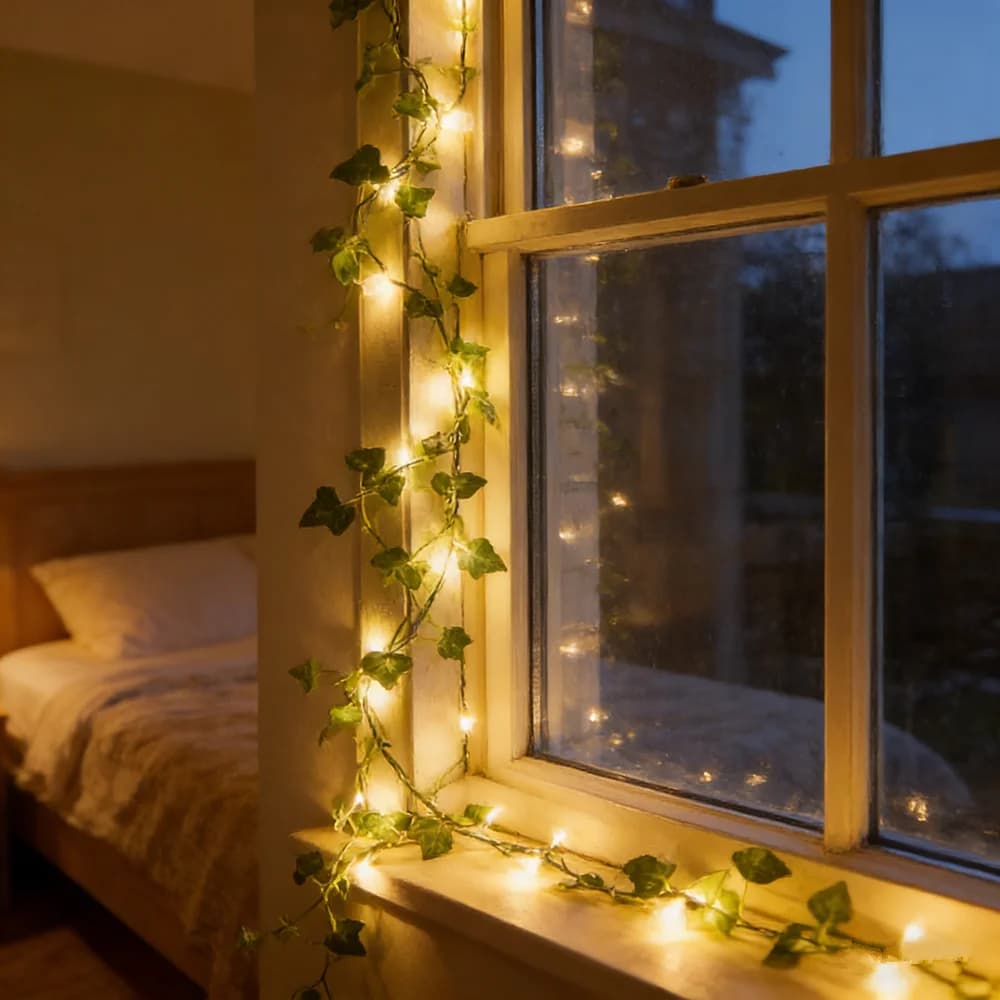 Luci a Ghirlanda per Albero di Natale, Luci a Stringa con Foglie Verdi e Fiori per Decorazioni Matrimoniali e Domestiche, Luci Fatate Artificiali a Batteria