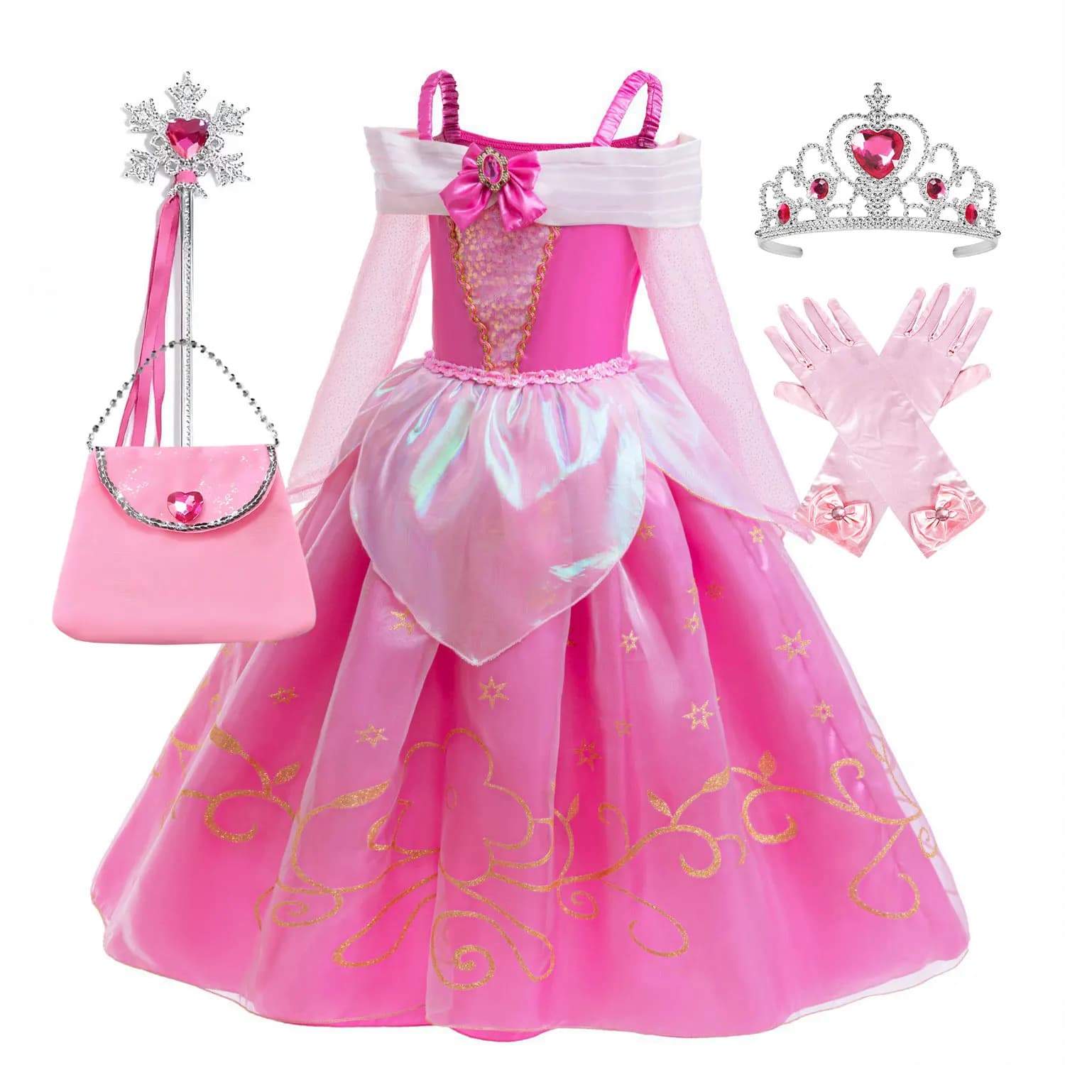 Girls Pink Off Shoulder Princess Dress Aurora Costume Bow With Ruby Inlaid Ball Gown Halloween Sleeping Beauty Role Play Apparel