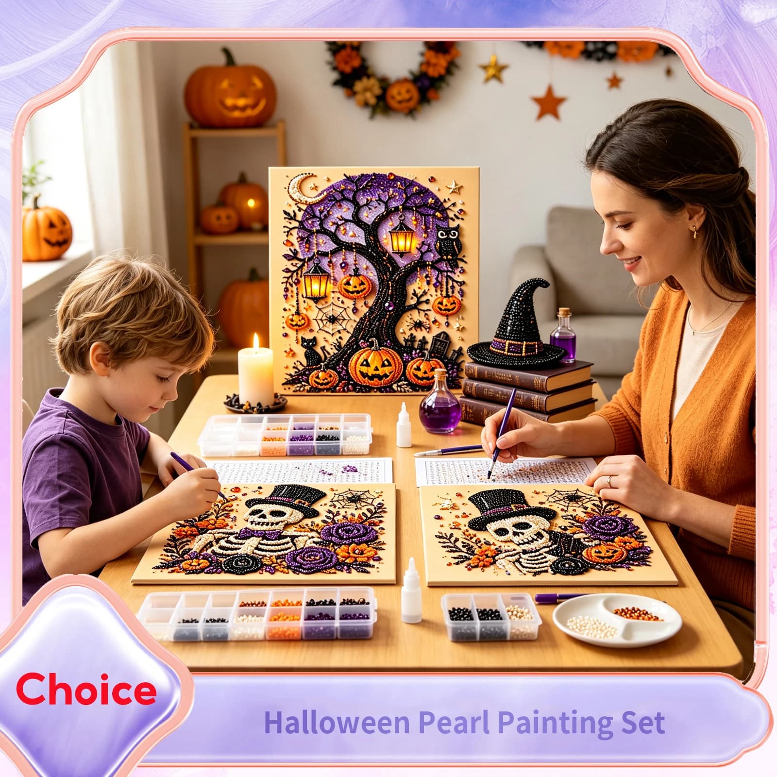 Halloween Ghost Pearl Art Kit 20x20cm DIY 3D Diamond Paints with Frame Halloween Gift Home Wall Decoration Pearls Painting Craft