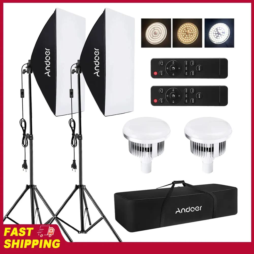 Andoer Softbox lighting set for studio photography with LED light from 85W 2800K-5700K / Softbox 50x70cm / 2m support for video