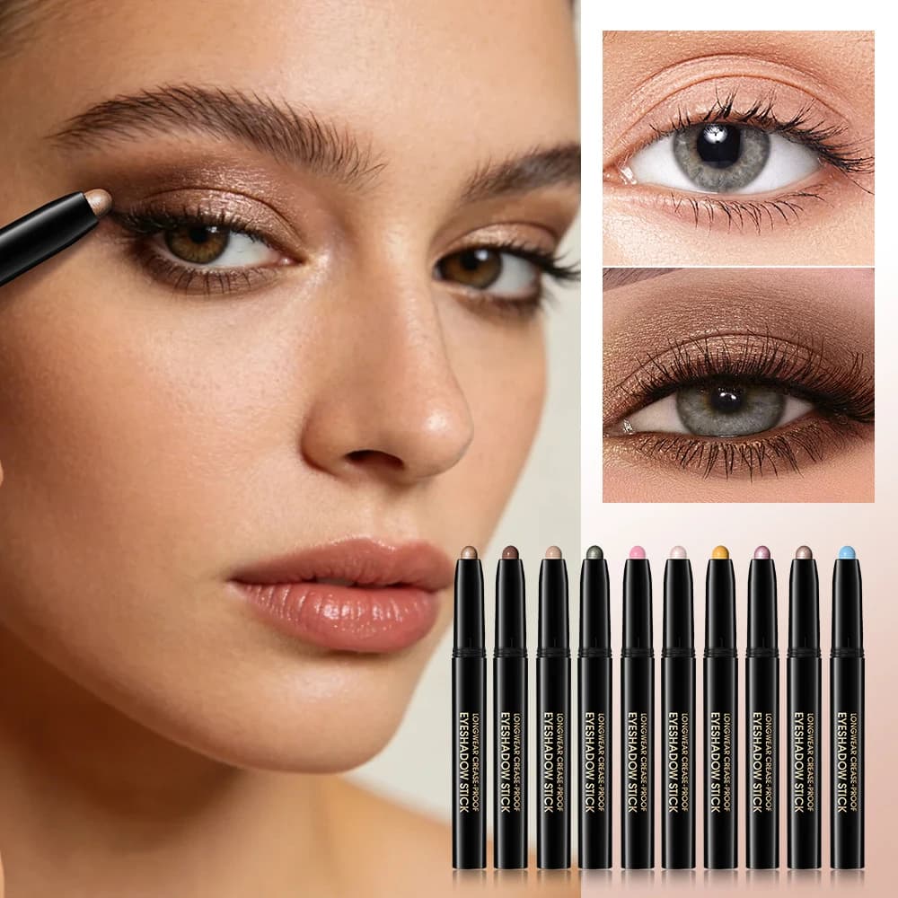 Long Last Crease Resistant Cream Eyeshadow Stick Luminous Rich Pigment Waterproof Sweat Resistant Smooth Easy Blending Eye Makeu