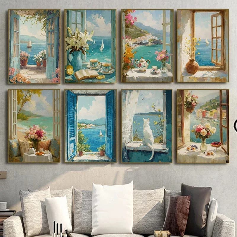 Seaside Window View White Cat Sailboat Floral Vase Tea Cups Book Poster Diamond Painting Print Wall Art Living Room Home Decor