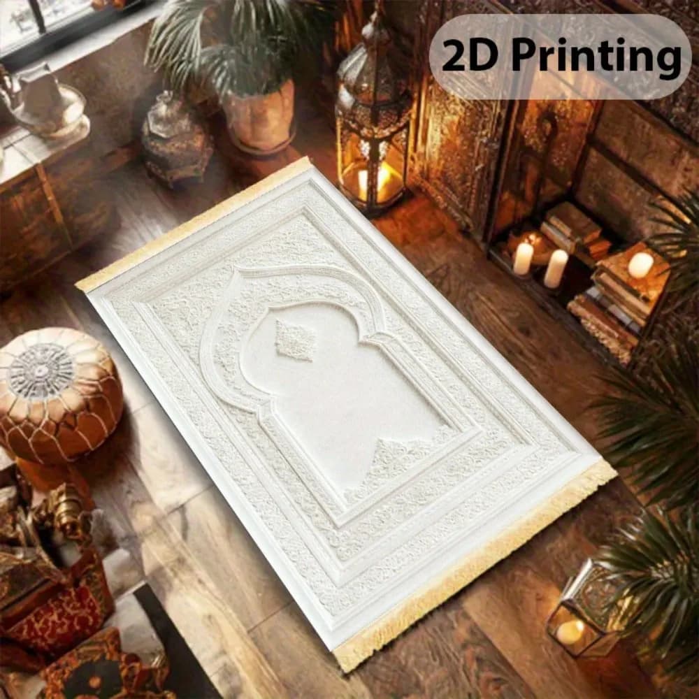 Tappetino da Preghiera Islamico VIKAMA, Design Semplice Bianco con Rilievo, Stampa Fresca Pieghevole Lavabile, Tappeto Musulmano da Viaggio, per il Culto dell'Eid