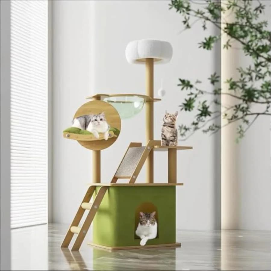 Albero per Gatti Verde da 59,1 Pollici per Gatti da Interno, Grande per Adulti, con Cuccette, Tiragraffi, Amaca per Gatti, Capsula Spaziale e Area Salto in Peluche