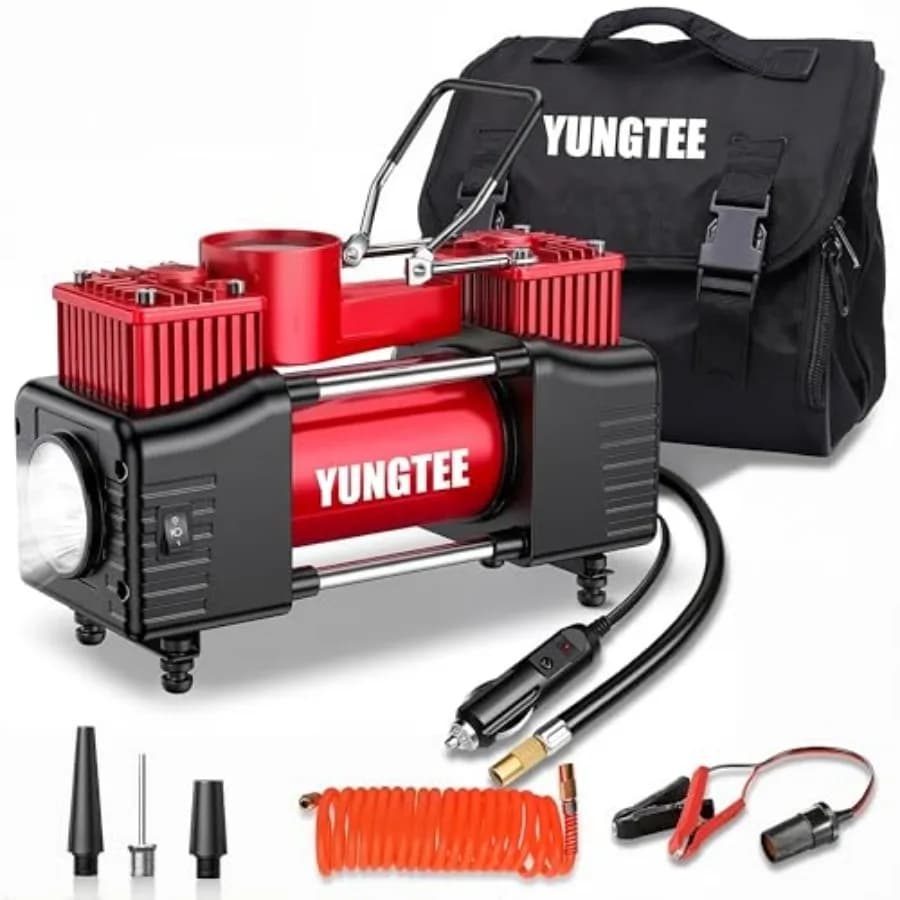 Compressore d'aria portatile 12V con doppio cilindro per gonfiaggio pneumatici, pompa a trasmissione diretta per impieghi gravosi con luce LED di emergenza