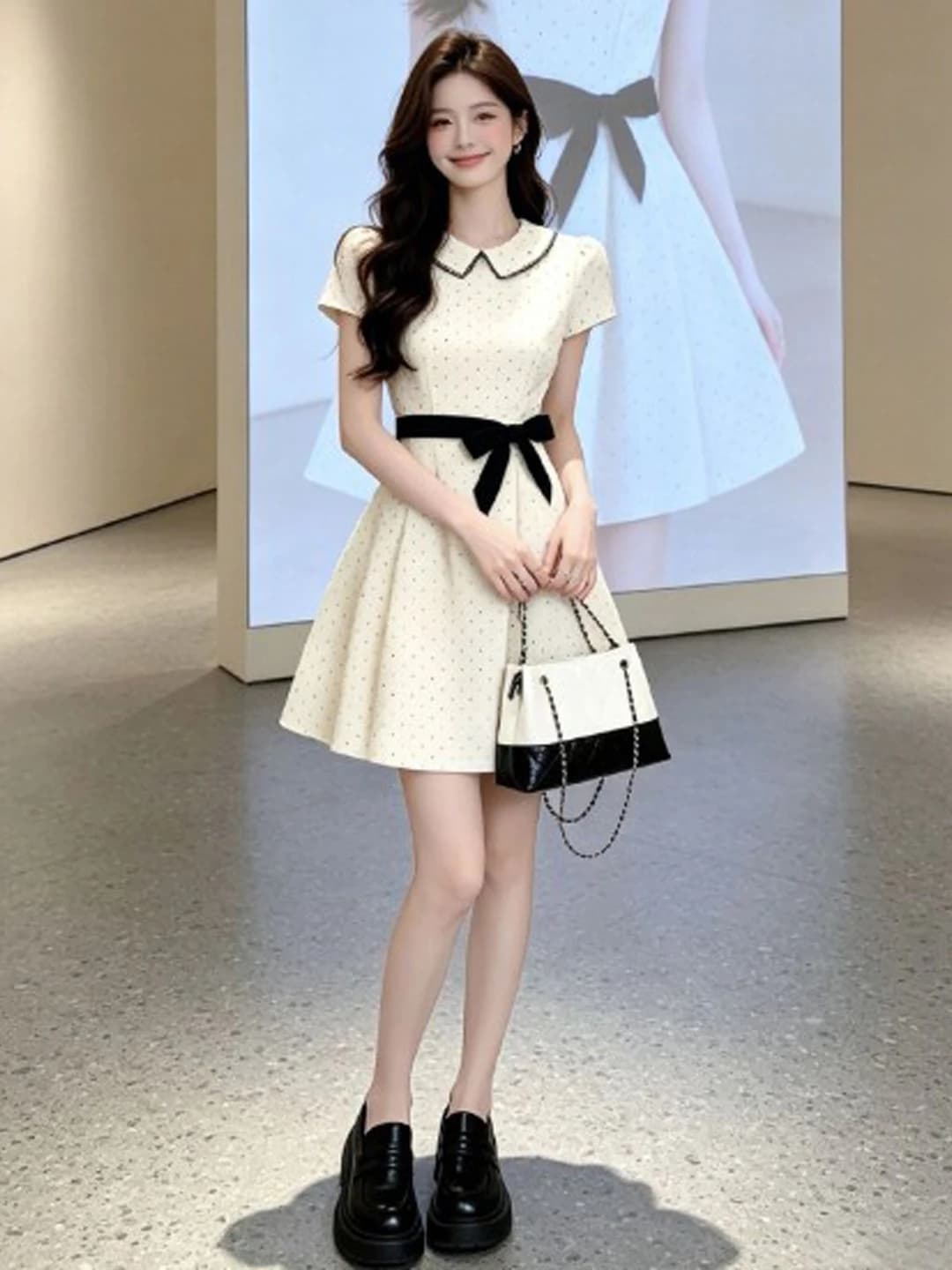 Abito a Pois Stile Francese con Vita Stretta e Colletto a Bambola, Elegante Gonna Estiva alla Moda in Cotone a Maniche Corte da Donna