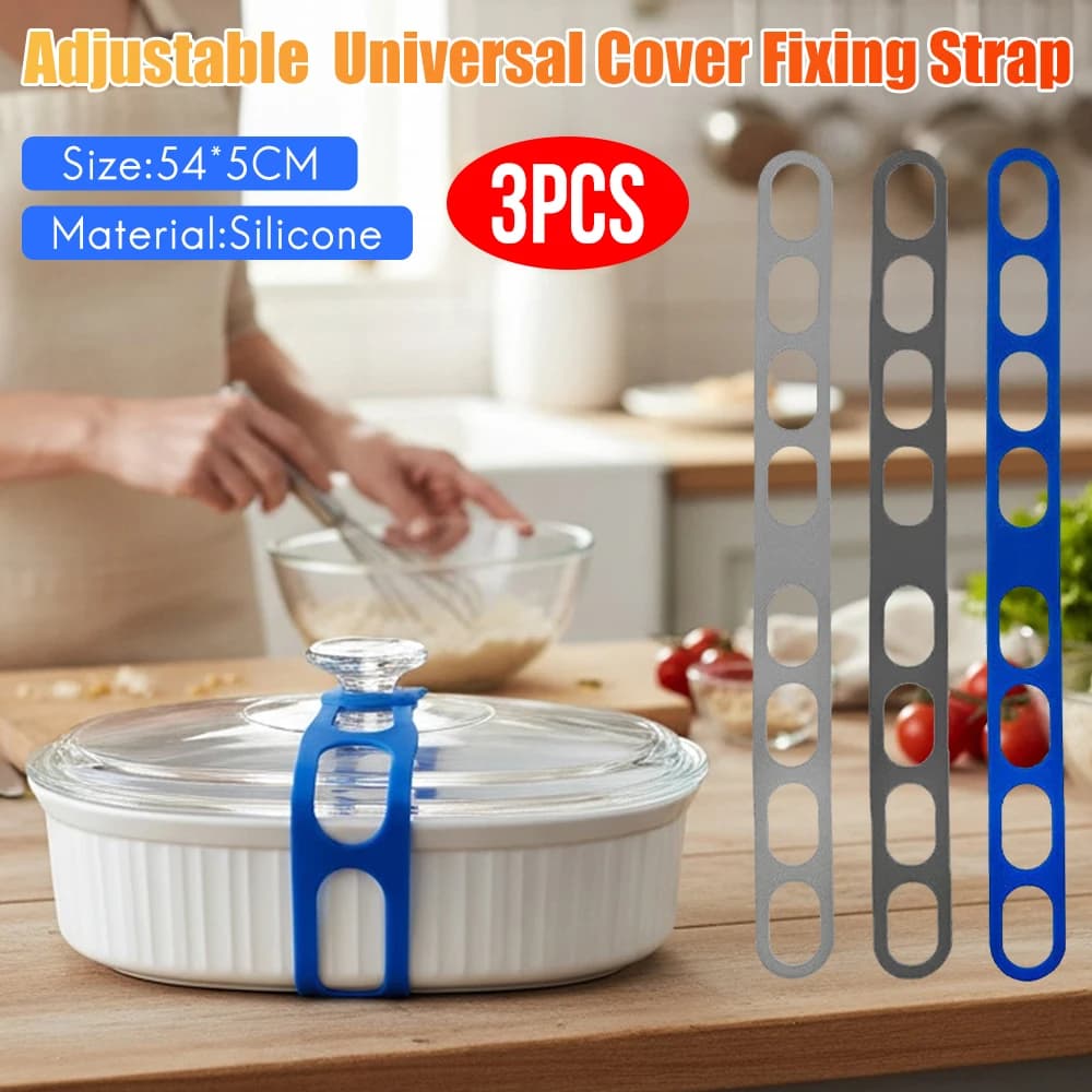 Universal silicone strap for fixing pan cover, reusable, anti-scratch, heat resistant, elastic, for crockery (3/6 pieces)