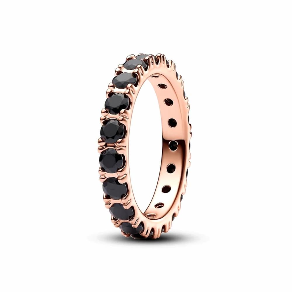 Silver Plated Black Gem Eternity Band Ring Shimmering Full Circle Crystal Detail Hypoallergenic For Sensitive Skin Trendy Stacka