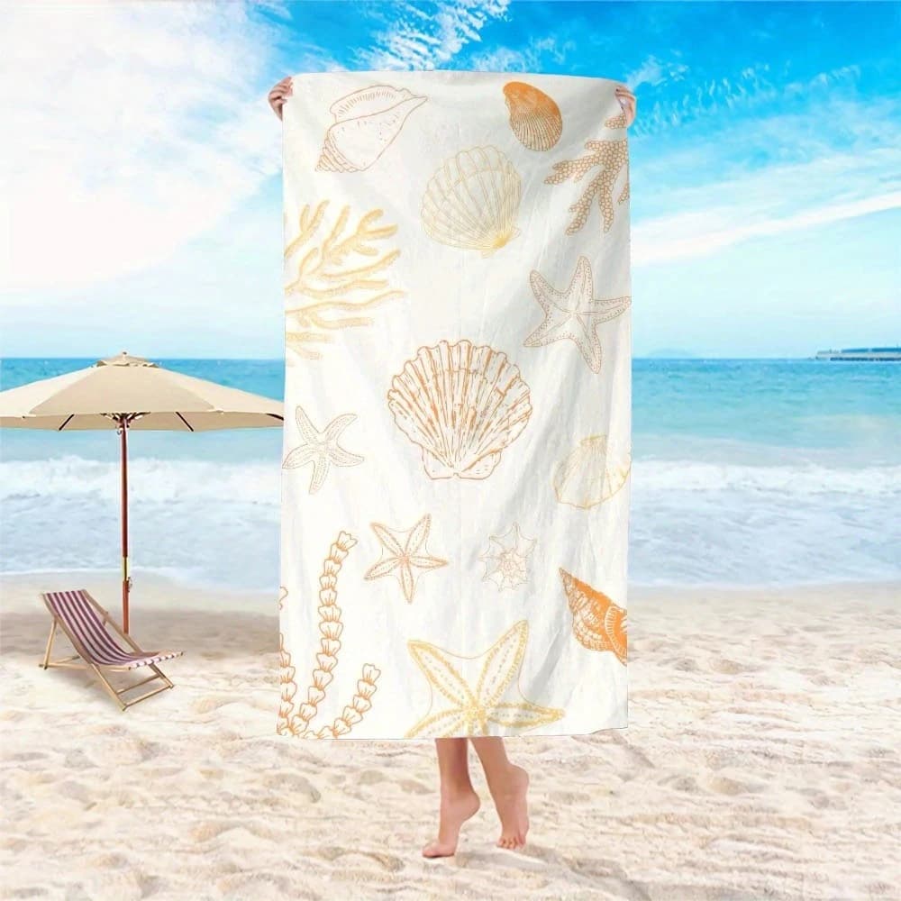 Asciugamano da Spiaggia con Conchiglie Tropicali e Stelle Marine, Resistente alla Sabbia, Asciugatura Rapida, Pieghevole, Accessorio per Viaggi, Piscina, Yoga e Nuoto