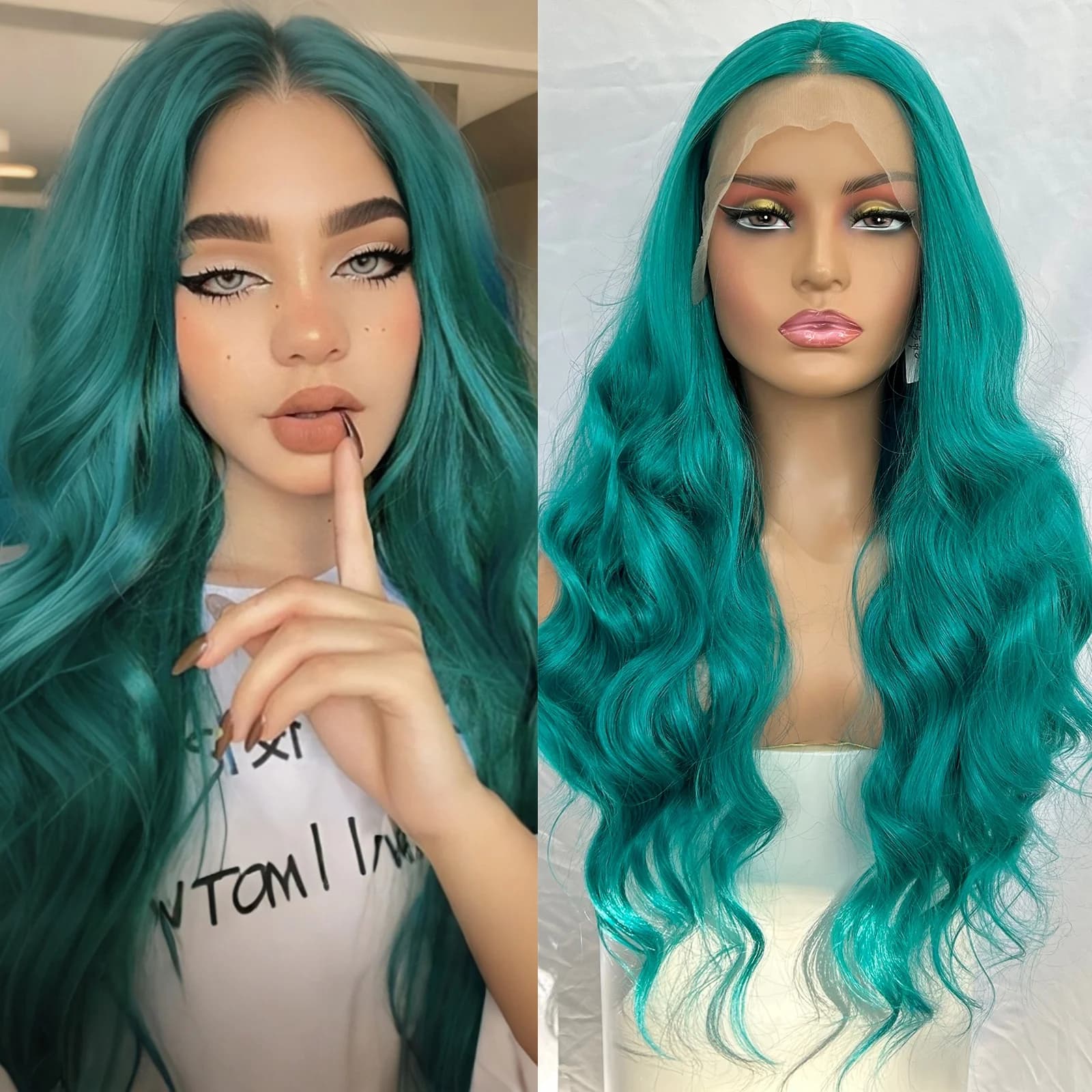 Long Green Body Wave Lace Front Wigs for Women Middle Part Blue Curly Wavy Syntehtic 13X4 Glueless Pre Plucked Cosplay Party Use