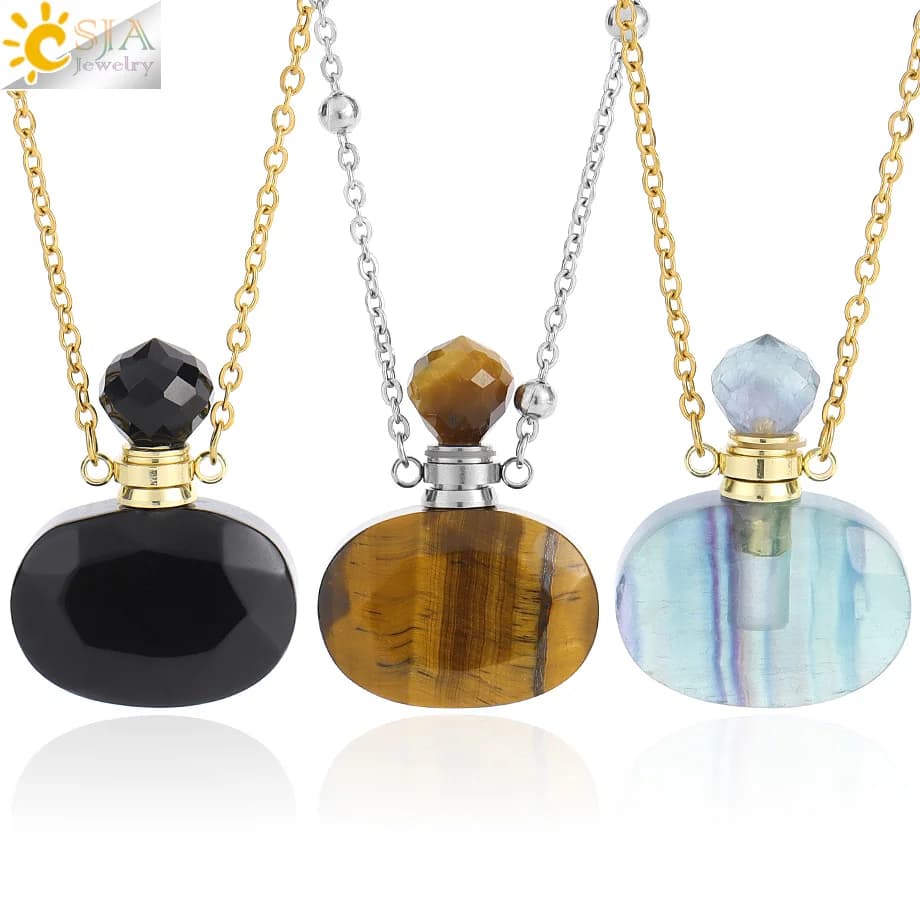 Natural Stone Scent Necklace Oval Bottle Healing Fluorite Amethyst Necklaces with Crystal Essential Oil Diffuser Pendant H642