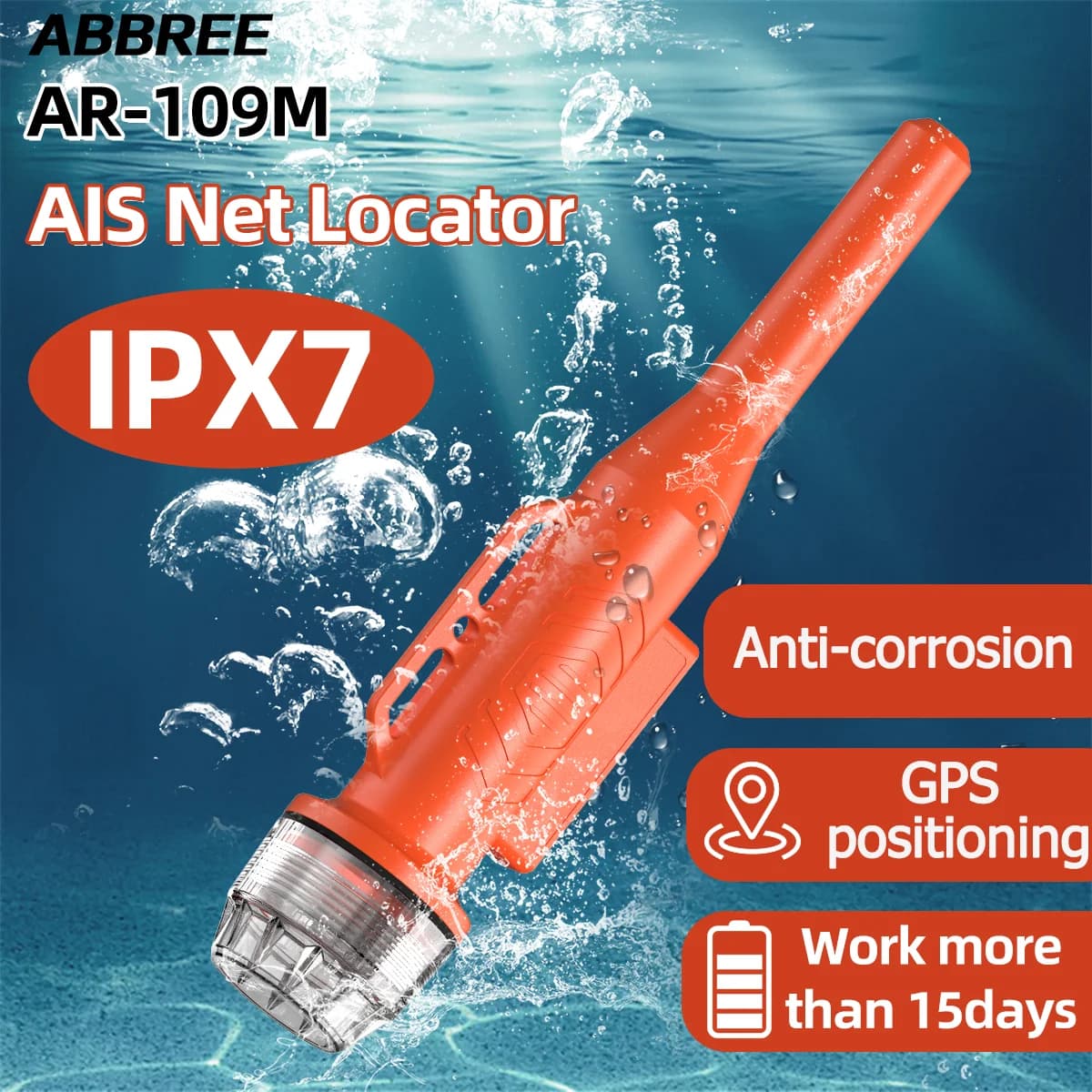 ABBREE AR-109M Localizzatore di rete Impermeabile Galleggiante Ricezione rapida Posizionamento GPS 15 giorni Standby Boa Tracker Accessori per la pesca in barca