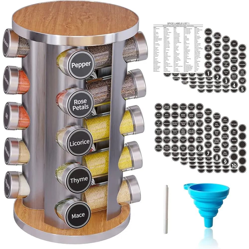 Revolving Spice Rack Set with 20 Spice Jars, Kitchen Spice Tower Organizer, Countertop or Cabinet Carousel Storage, Includes 386