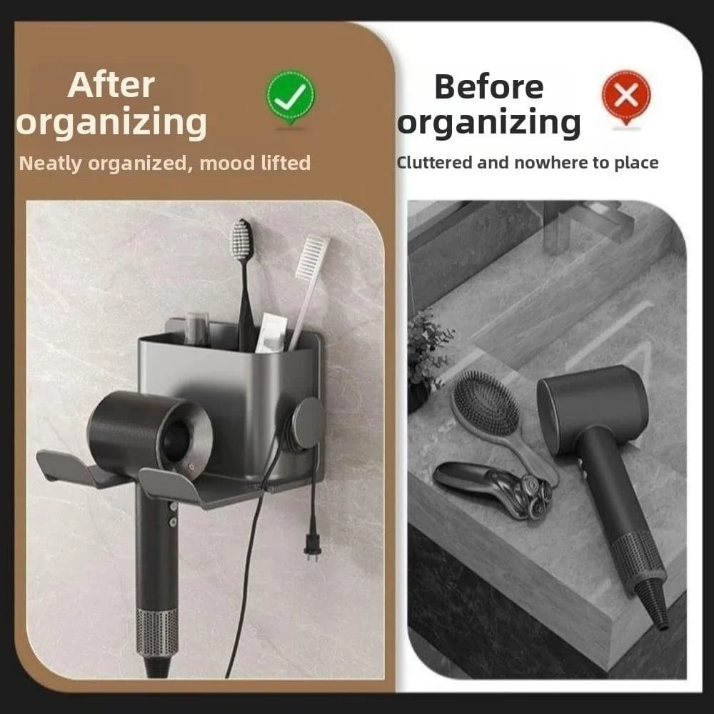 Non Perforated Hair Dryer Holder Self-adhesive Multiple Compartments Wall Mounted Holder Durable Portable Bathroom Storage Rack