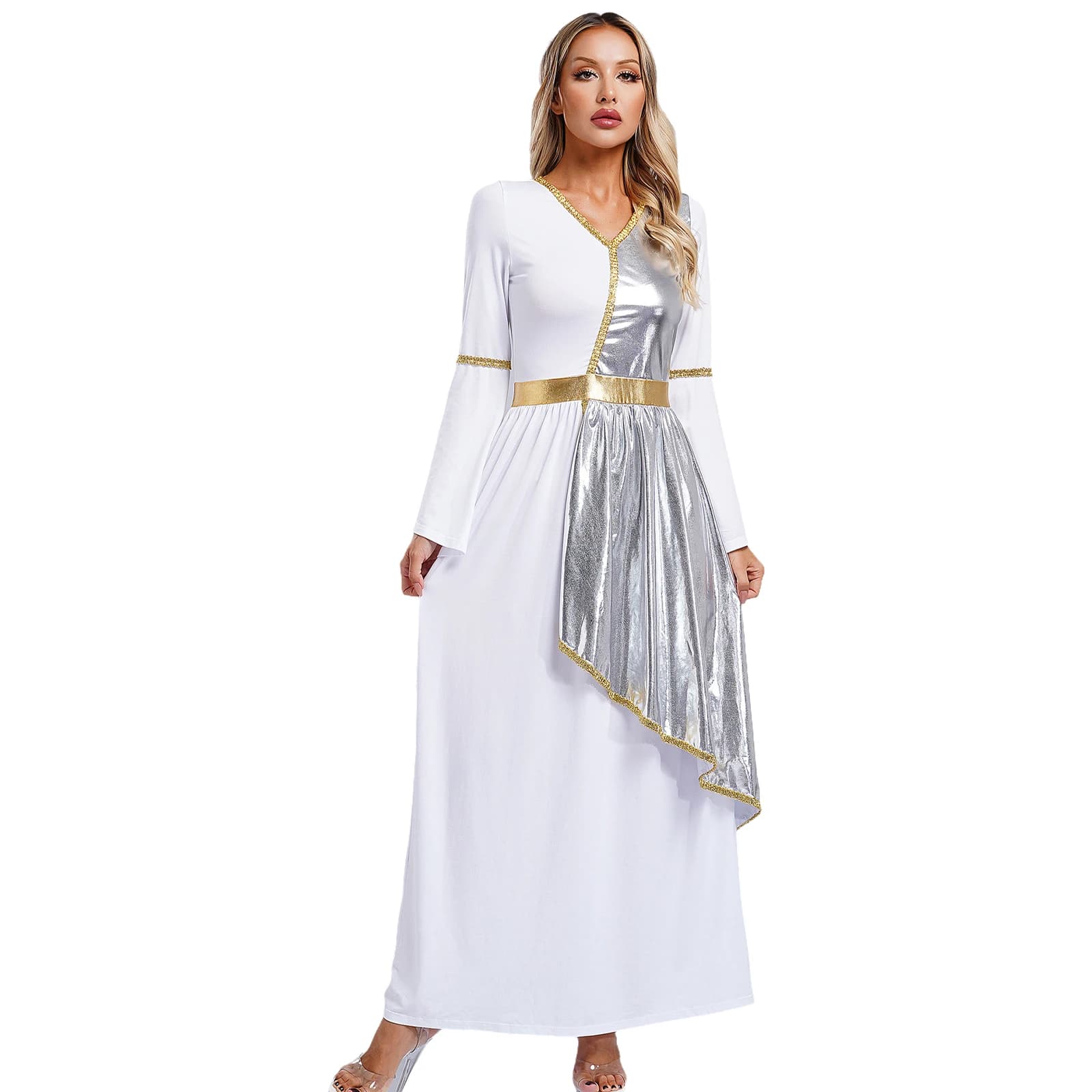 Abito da donna Toga di bellezza greca romana, abito lungo con maniche svasate, sovrapposizione lucida metallizzata, finiture dorate, per costume cosplay di Halloween