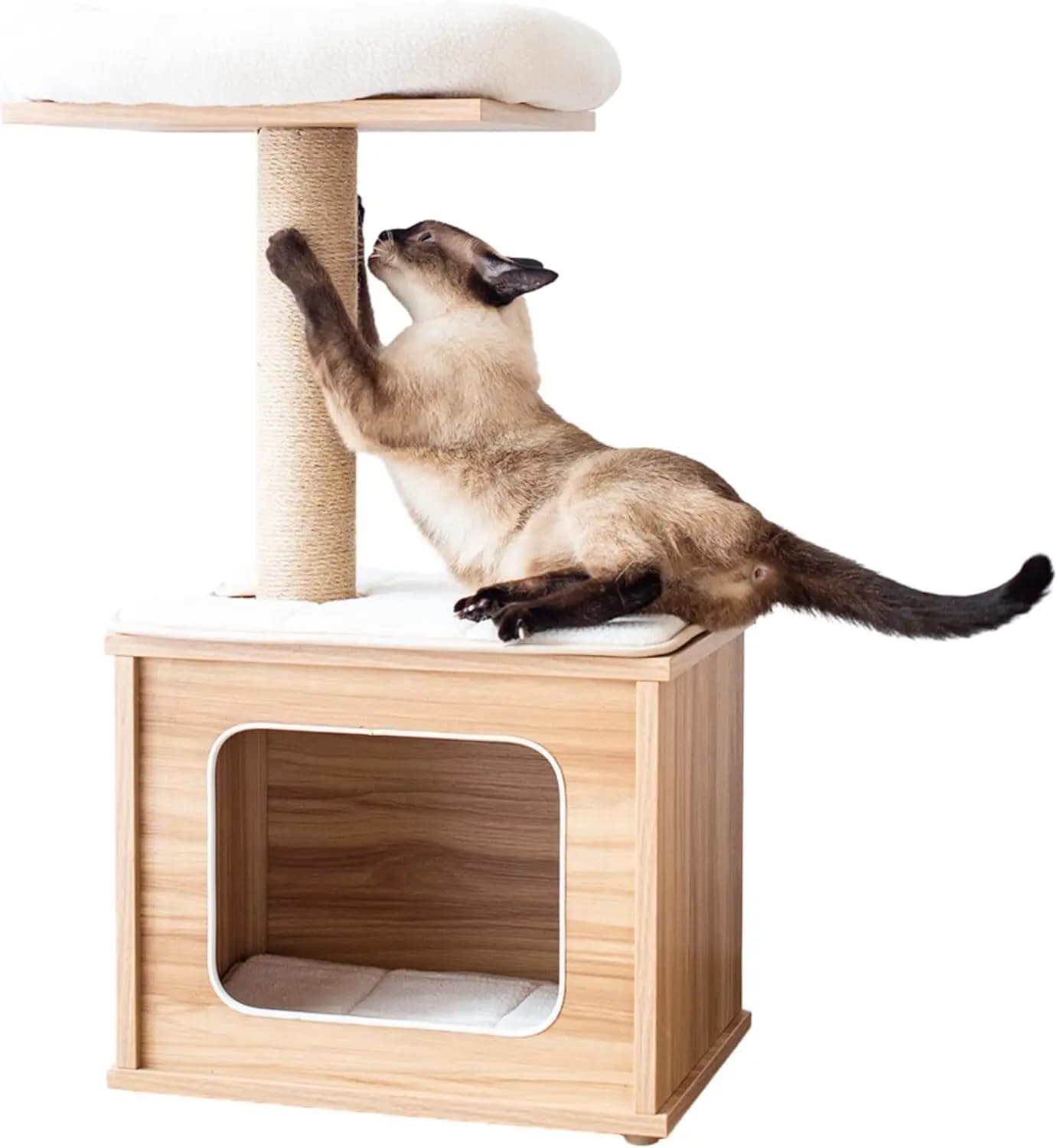 Albero per gatti in legno laminato a 3 livelli, alto 75,4 cm, con ampio cuccia a base, 2 gradini imbottiti, tiragraffi in juta naturale, robusto e stabile