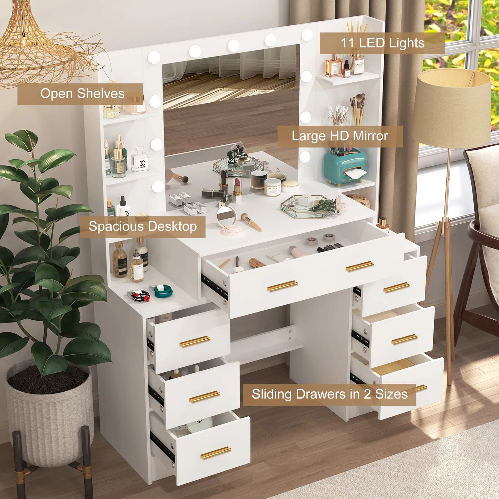 NUOVO Set Vanity Moderno Bianco con 7 Cassetti, Maniglie Dorate, Specchio Illuminato con Lampadine LED, 3 Colori Dimmerabili, Struttura Robusta, Scrivania per Trucco da Camera da Letto