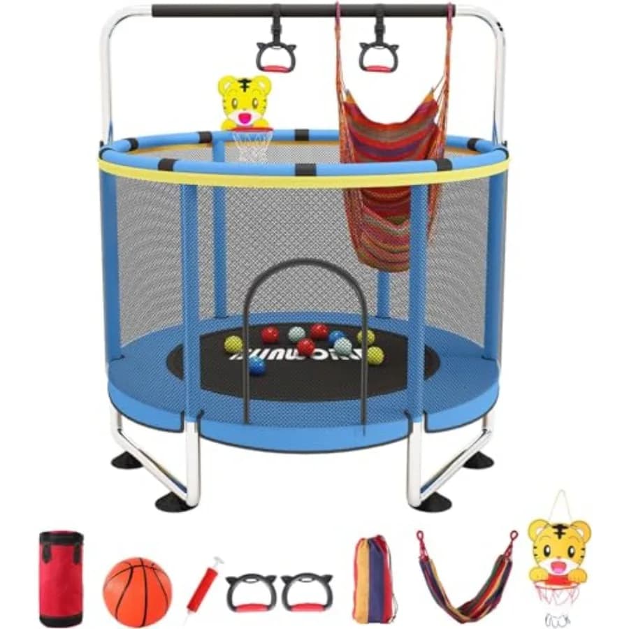 Trampoline for 55 Inch Adjustable Baby Toddler Trampoline with Basketball Hoop Blue Steel Frame Indoor Outdoor Use Enclosed Saf