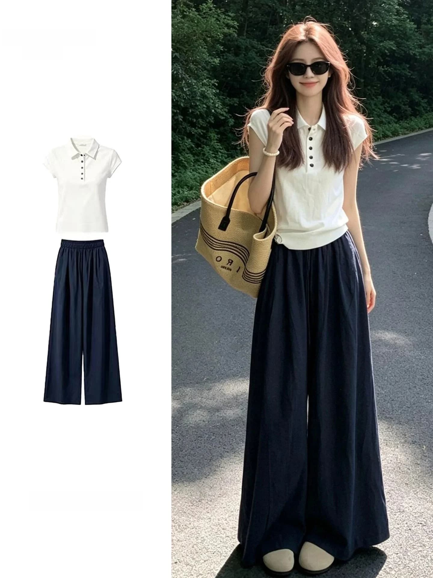 Large Size Korean Style Summer White Short Sleeve T-Shirt Wide Leg Pants Women's Set Casual Breathable Lightweight