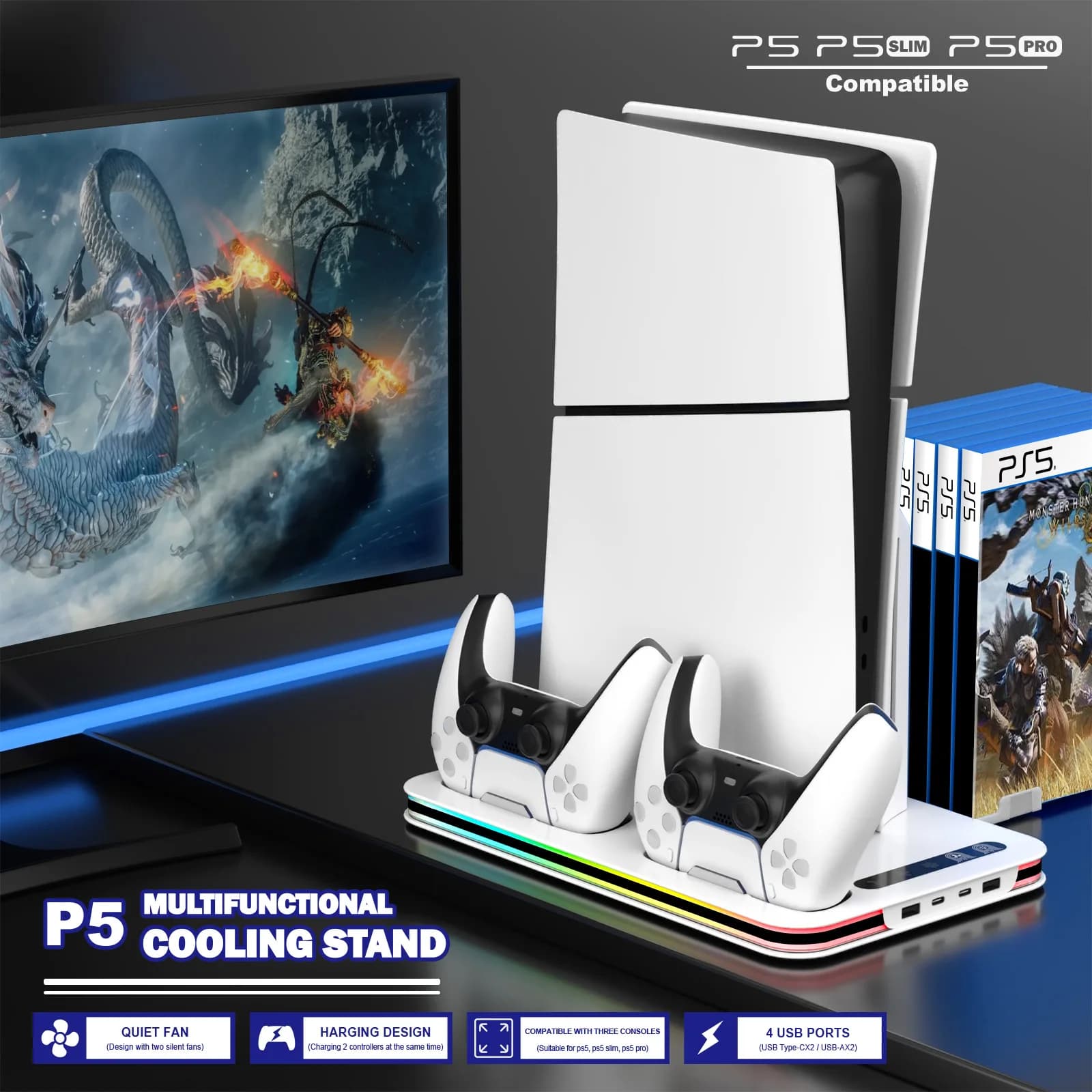 Game Stand With Disc Holder For Sony PS5 Console Playstation PS 5 Slim Pro Support Base Holder Cooler Fan RGB Gaming Accessories