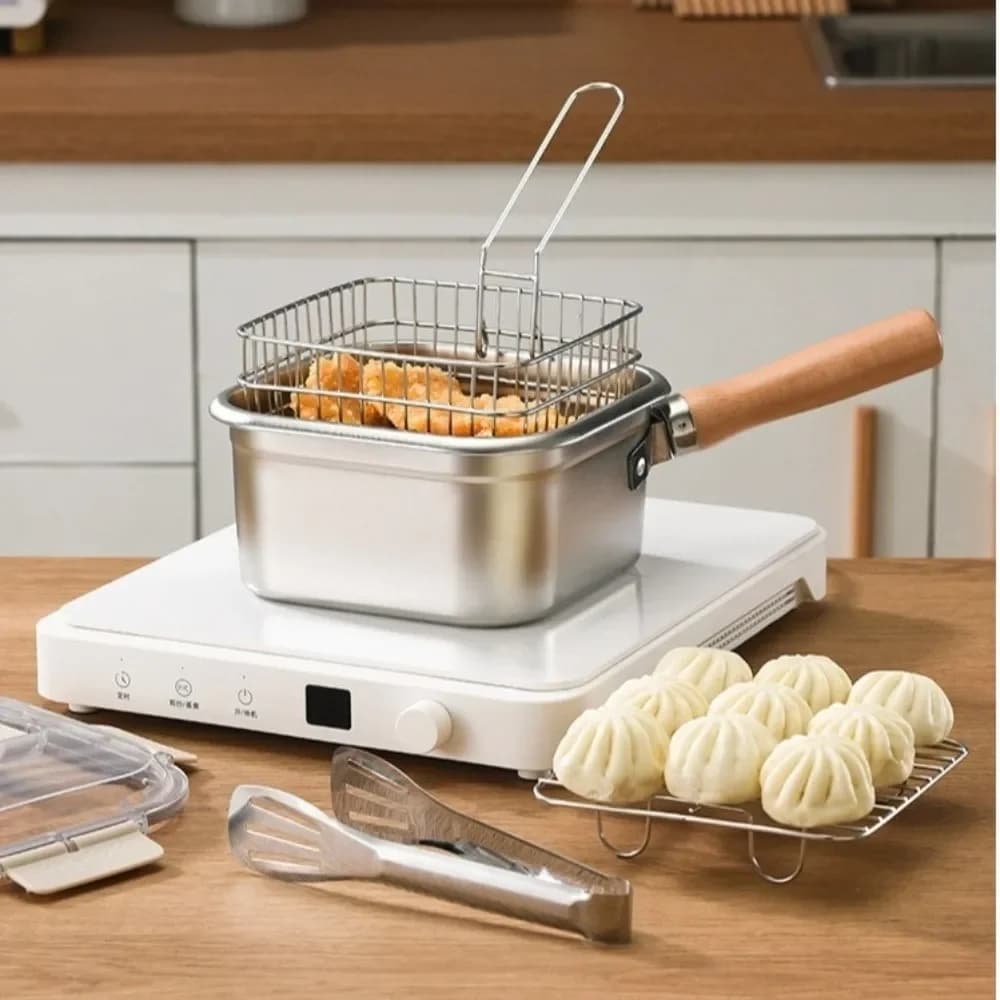 Portable Stainless Steel Frying Pan Square Shape Non-Stick Cooking Pot with Basket Camping Set Cookware Pasta