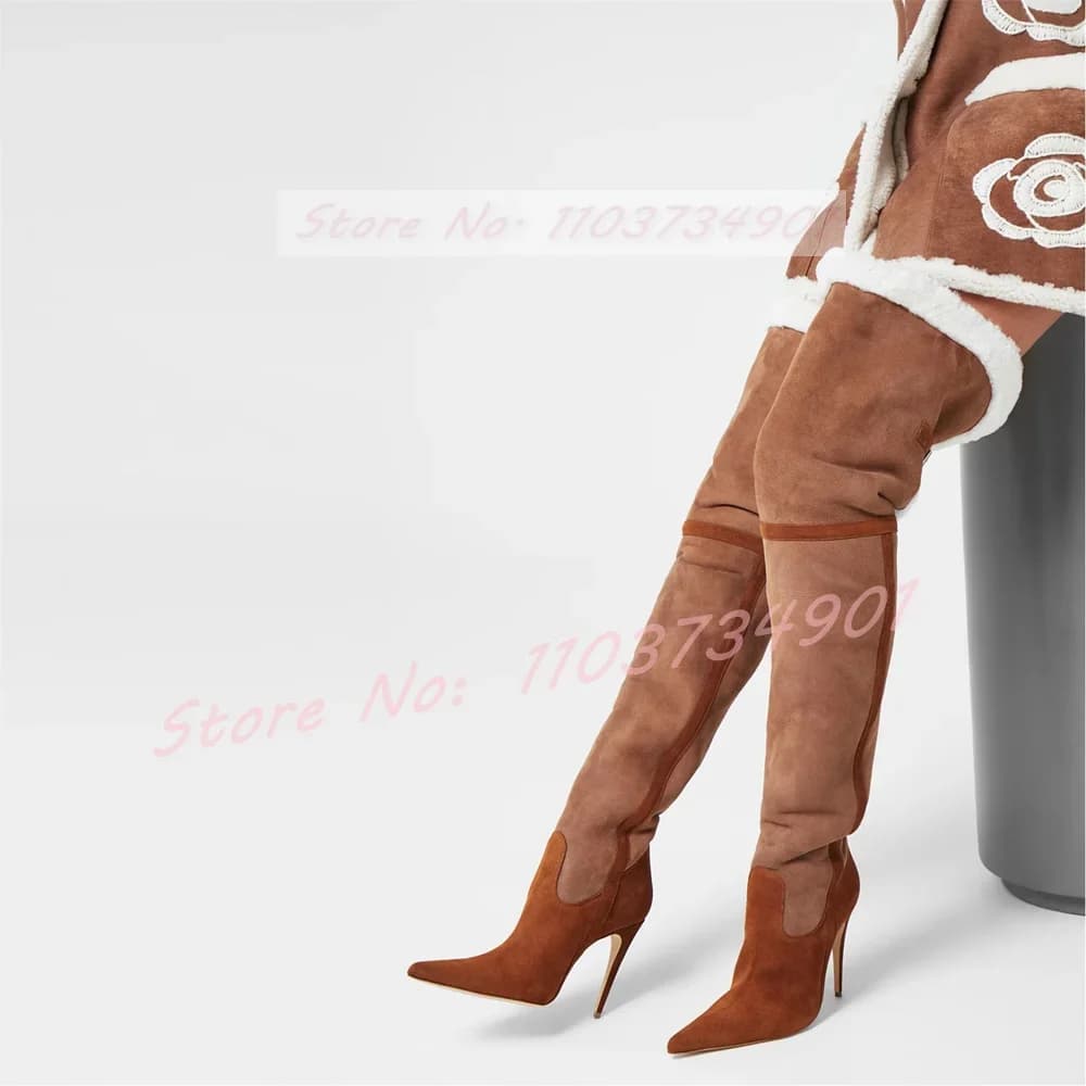 Pelliccia Colori misti Stivali alti alla coscia caldi Donna Nifty Punta a punta Tacchi alti a spillo Stivali elasticizzati sottili Scarpe marroni moda donna