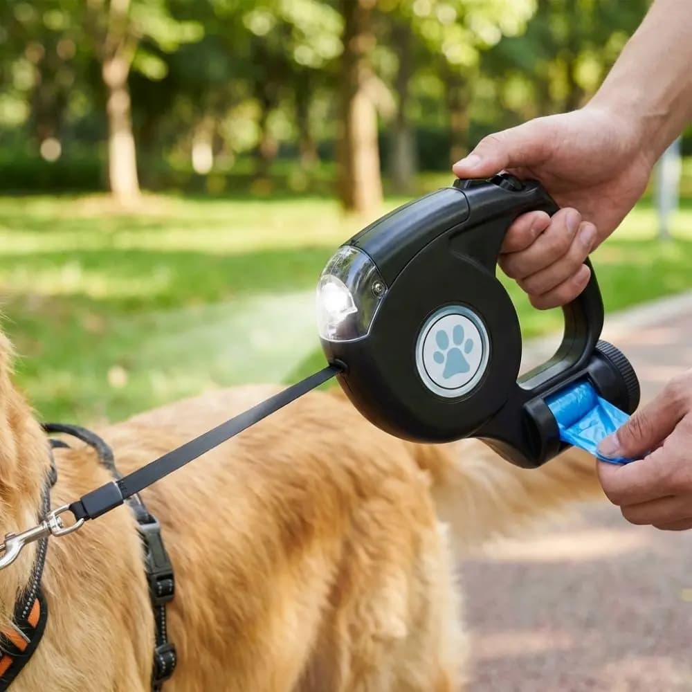 Plastic Automatic Retractable Dog Leash Extendable Adjustable LED Dog Leash With Garbage Bag Anti-Slip Handle Dog Harness Strap