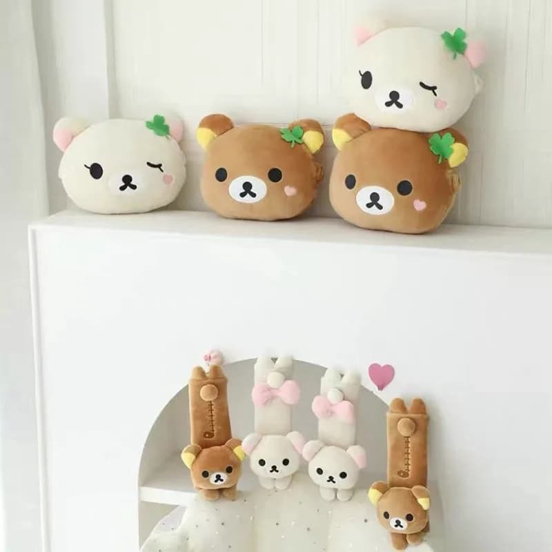 Cute Rilakkuma Car Headrest and Seat Belt Ornament Soft Shoulder Strap Protector Cover Cute Car Interior