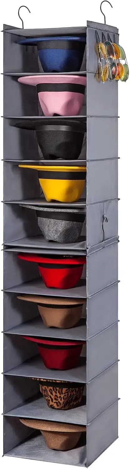 Organizzatore appendibile per cappelli da armadio a 10 ripiani, per cappelli a tesa larga, Fedora, Trilby, con passanti per accessori, Grigio