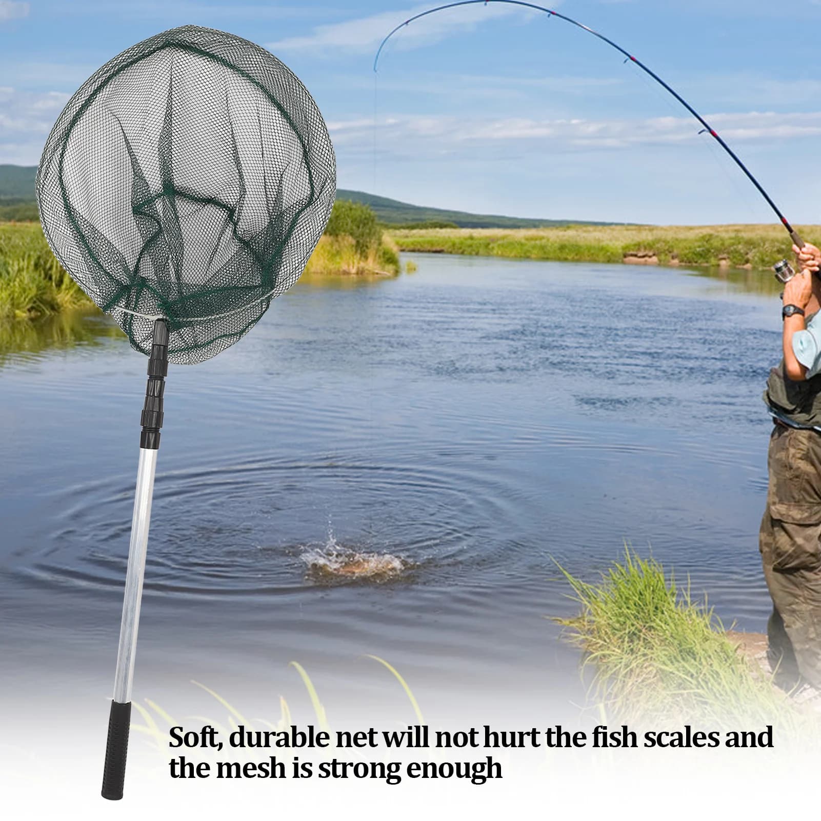 Rete da Pesca Portatile Pieghevole con Asta Telescopica in Acciaio Inox, Manico in Lega di Alluminio, Rete a Maglia Fine in PVC, Attrezzatura da Pesca