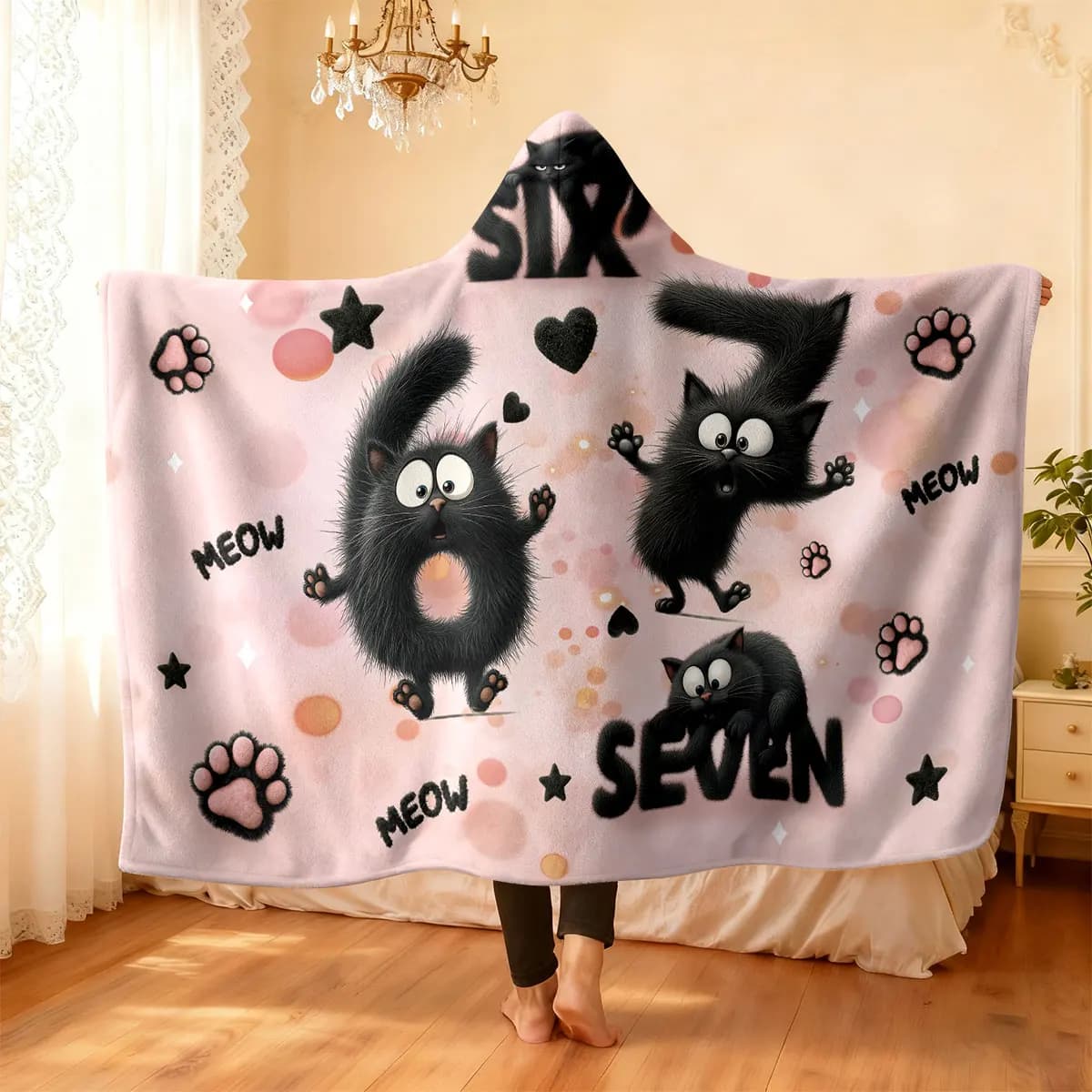 1pc Black Cat 67 Element Printed Hooded Flannel Wearable Cloak Blanket Soft and Warm Multi Size Napping and Leisure Blanket