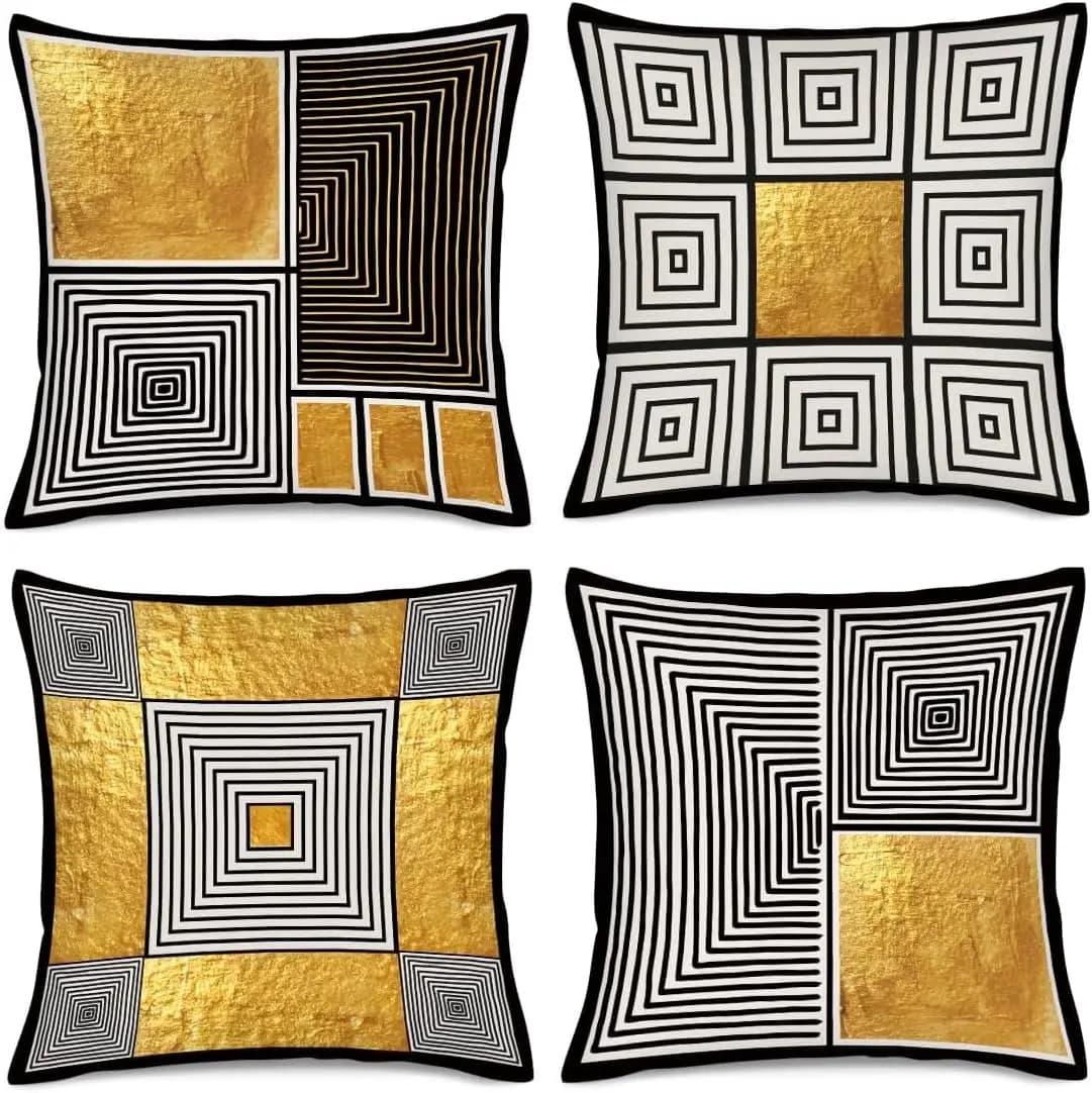 Luxury Gold Geometric Cushion Covers 4 Piece Set Modern Throw Pillows Accent Black White Print Decor for Sofa Bedroom Home Decor