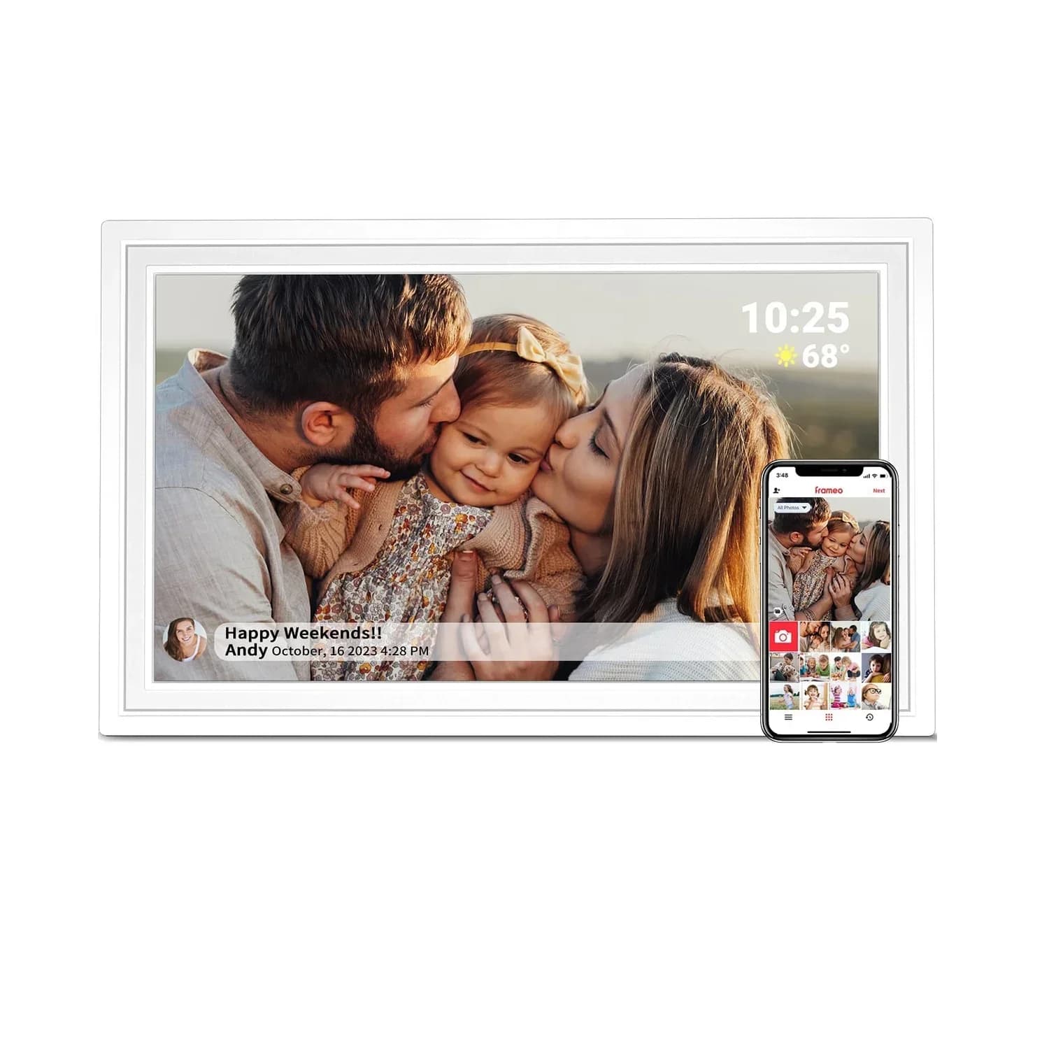 Cornice digitale FRAMEO 15.6" con schermo IPS, memoria integrata da 32GB, condivisione di foto e video tramite app