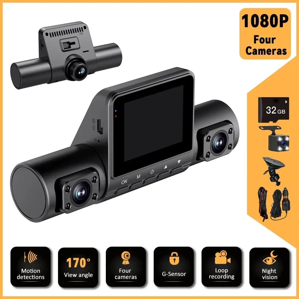 Dash Camera per auto 4 canali HD 1080P Dashcam Telecamera per auto Visione notturna Registrazione DVR Macchina per auto Girevole Dash Cam Telecamere di backup