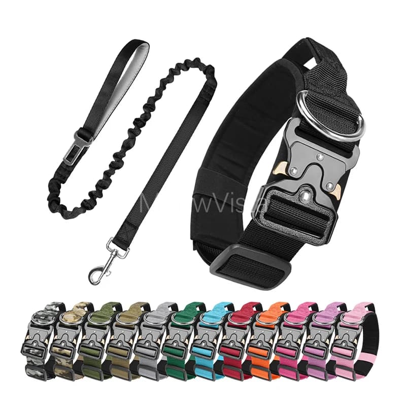 Heavy Duty Tactical Dog Collar with Elastic Leash Escape-Proof Soft Padded Nylon Large Dog Collars Multi-Color Pet Outdoor Gear