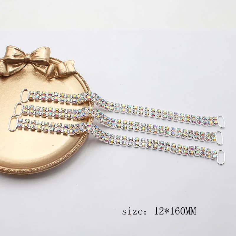 2 file di 10 pezzi 12 * 160mm Super Flash AB cristallo strass bikini collegamento fibbia costumi da bagno bikini catena decorativa in metallo