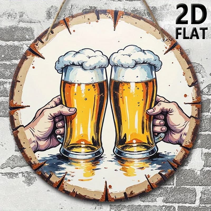Decorazione da Parete Circolare in Legno 2D, 7,87 Pollici - Design Rustico per Celebrazione della Birra con Mani che Tenono Boccali, Legno Riciclato da Appendere