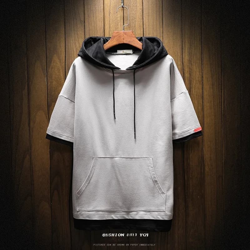 T-shirt con cappuccio da uomo a maniche corte, casual e comoda, in misto cotone e poliestere, nuovo stile estivo per adolescenti