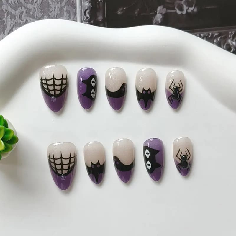 10Pcs Women Halloween Party Themed Purple Black Cat Rough Powder Cat Eye Press on Nails Europe & America Style False Nails Art