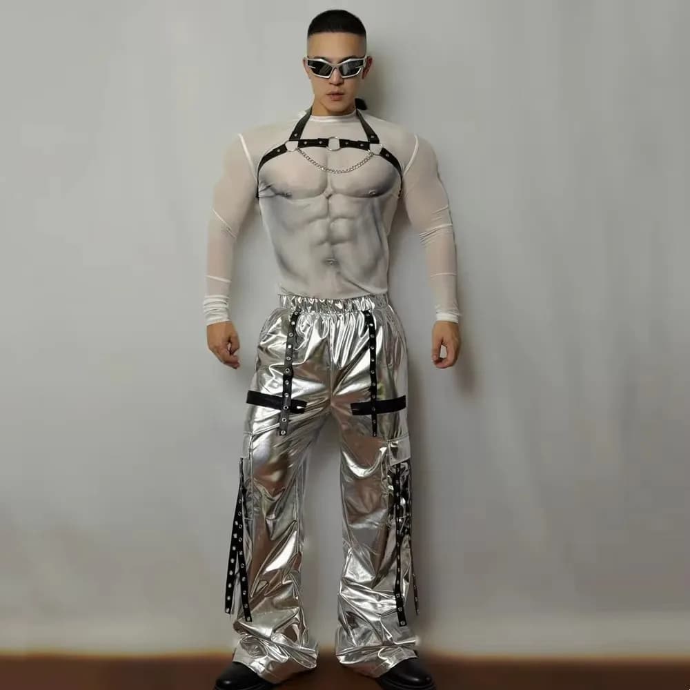 Set Costume da Ballo per Uomo, Top in Rete e Pantaloni in Pelle a Gamba Larga con Taglio Laser per Spettacoli, Hip Hop e Jazz
