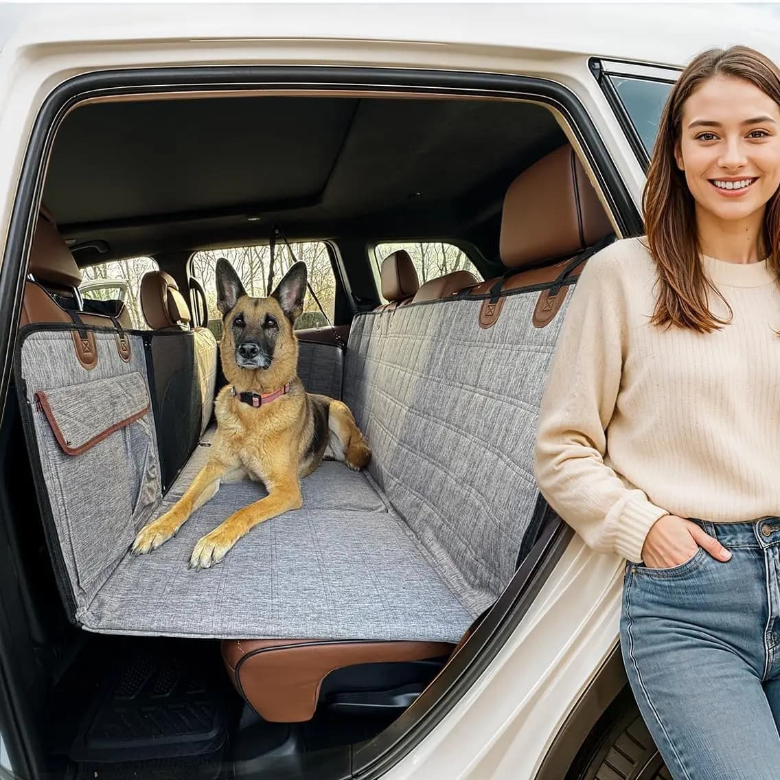 Car Seat Covers for Dogs with Rigid Bottom, Transform Poster Seat into Travel Bed, Grey with Door Covers