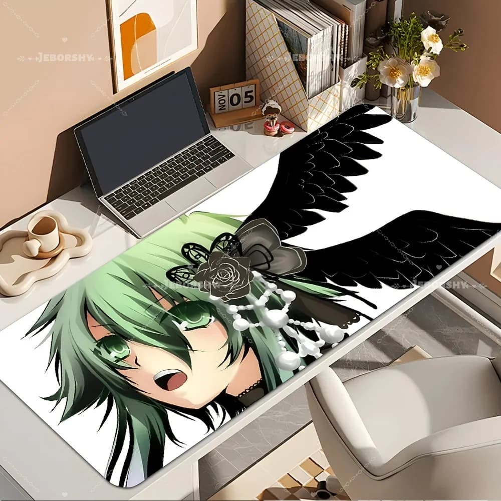 Tappetino da Scrivania Grande con Ragazza Anime Nera dalle Ali Verdi, Tappetino per Mouse da Gaming Antiscivolo