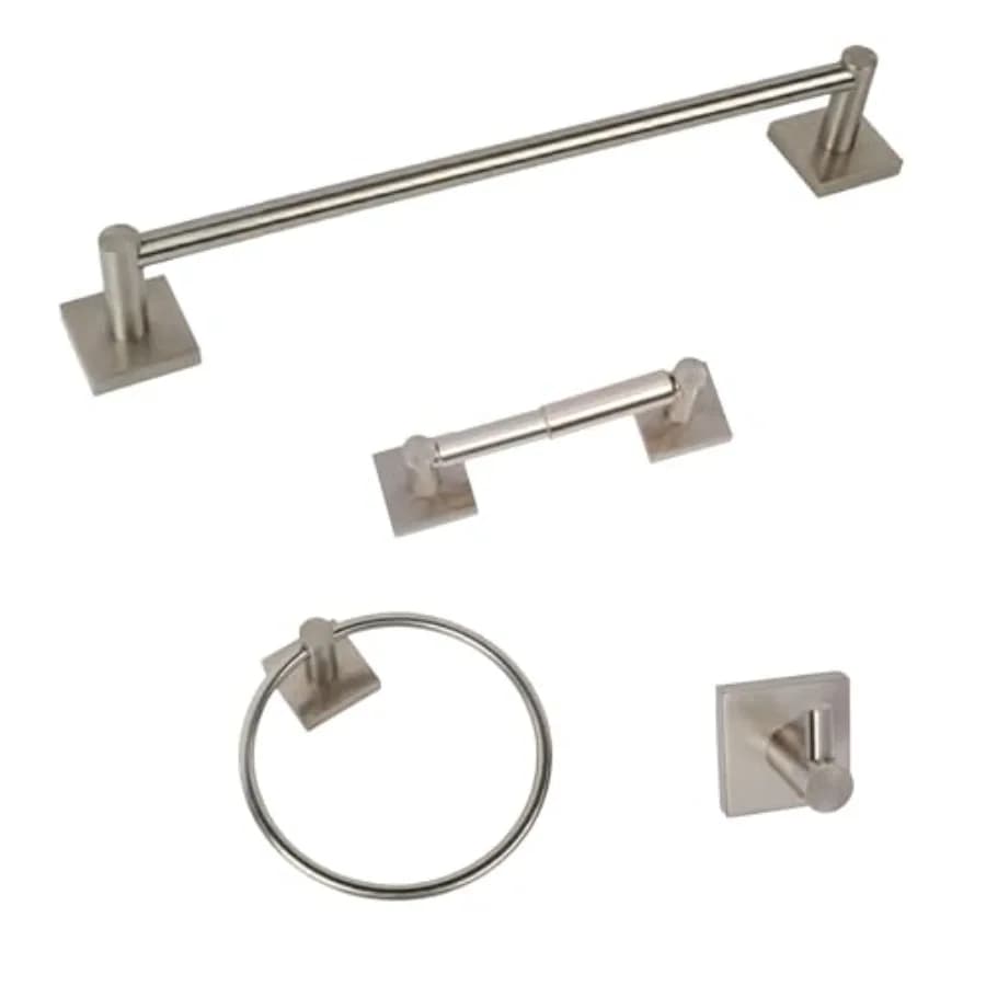 Bath hardware set for residential use, stainless steel, satin nickel, includes 24-inch towel bar, paper holder, towel ring, and