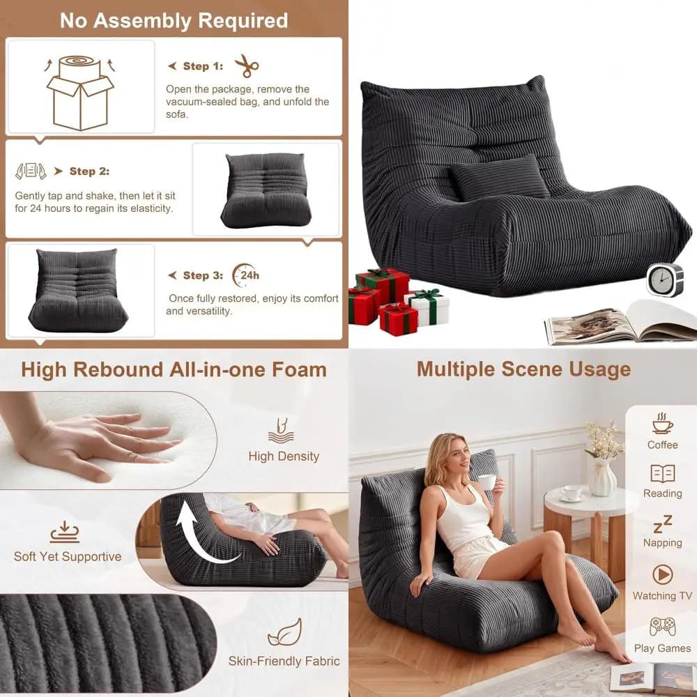 Poltrona Sacco Extra Large in Velluto a Coste con Memory Foam, Cuscino Lombare, Divano Pigro Grigio per Lettura, Gaming, Soggiorno, Camera da Letto