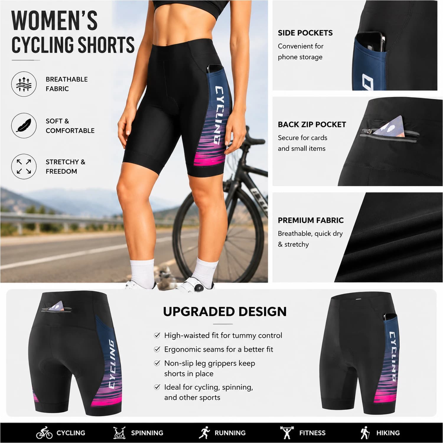 Women’s Padded Cycling Shorts with Phone Pocket High Waist Compression Bike Shorts for Outdoor Riding