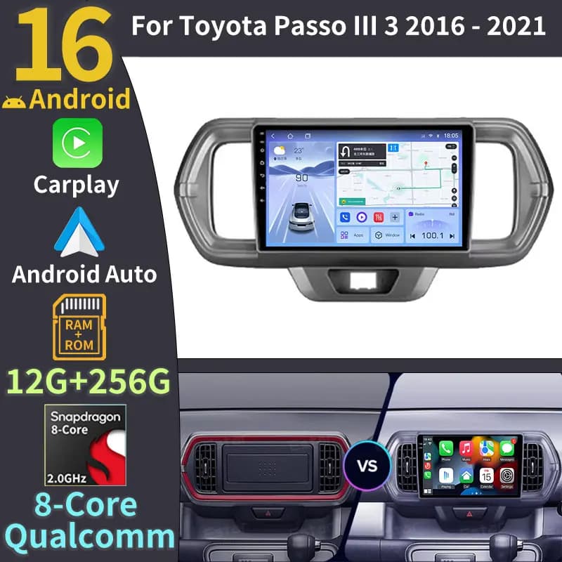 Android 16 For Toyota Passo III 3 2016 - 2021 Car Radio Wireless Carplay 2K Screen GPS 2din Octa Core WIFI Stereo DTS 360 Camera